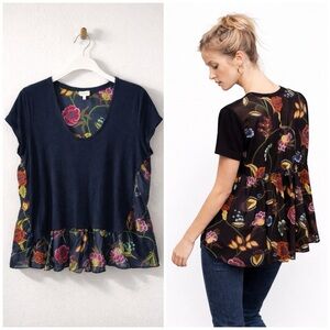Anthropologie Deletta Silver Fern Small Black Floral Hi Lo Peplum Top Size Large